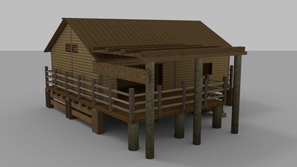 Wooden House With External Area Low-poly 3D model_1