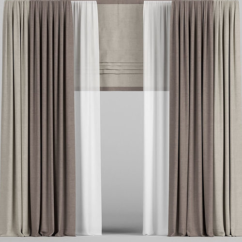 Curtains in two colors with tulle and roman blinds 3D model