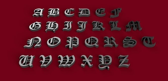 OLD ENGLISH font uppercase and lowercase 3D letters STL file 3D print model