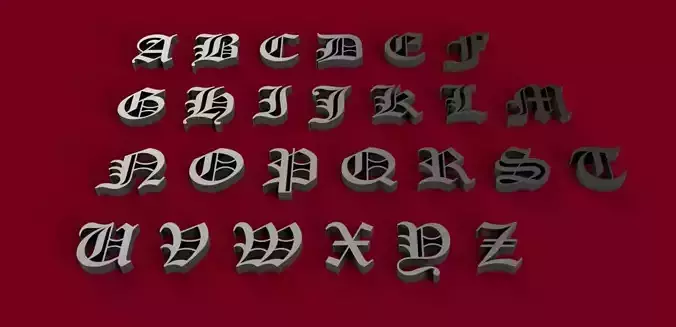 OLD ENGLISH font uppercase and lowercase 3D letters STL file 3D print model