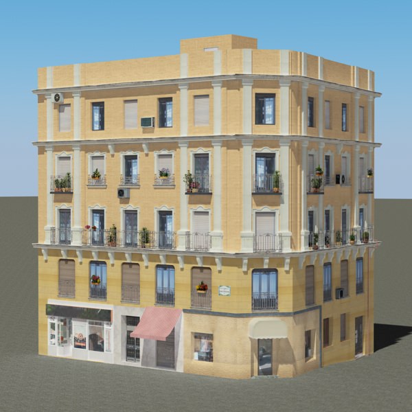 Building with windows and balconies Low-poly 3D model_1