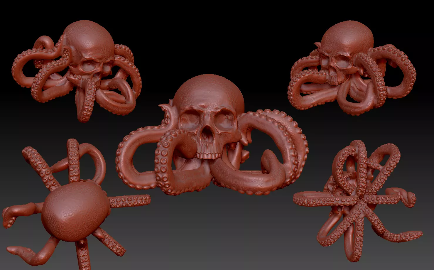Octo-Skull four octopus skulls and octopus tentacles 3D print model_0