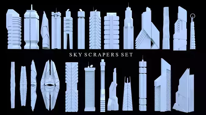 Sci-Fi SkyScraper Set Low Poly 3D model