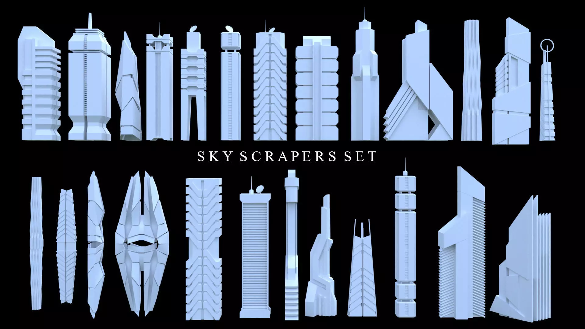 Sci-Fi SkyScraper Set Low Poly 3D model_0