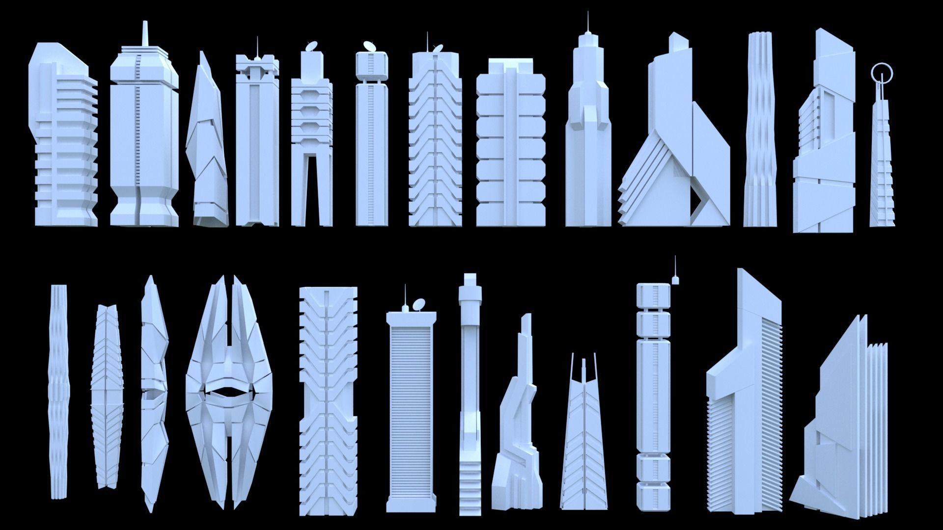 Sci-Fi SkyScraper Set Low Poly 3D model_13
