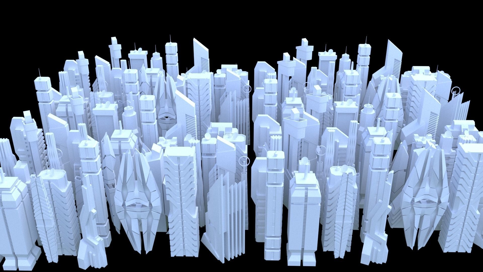 Sci-Fi SkyScraper Set Low Poly 3D model_2