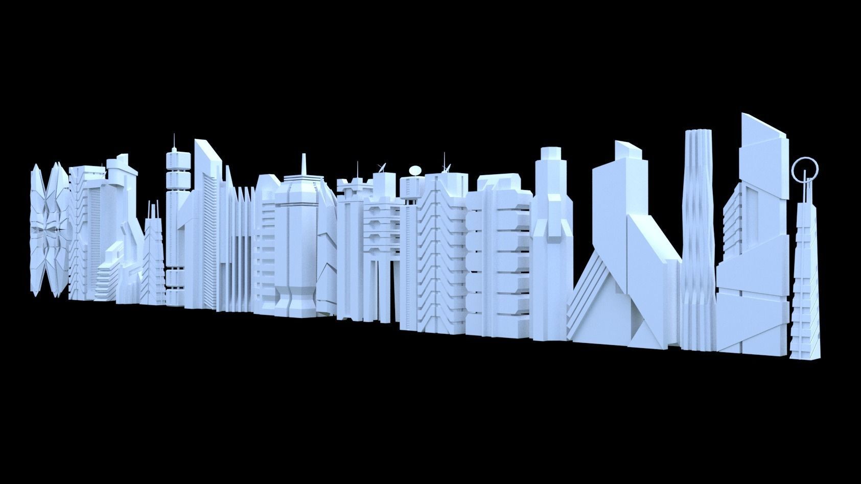 Sci-Fi SkyScraper Set Low Poly 3D model_10
