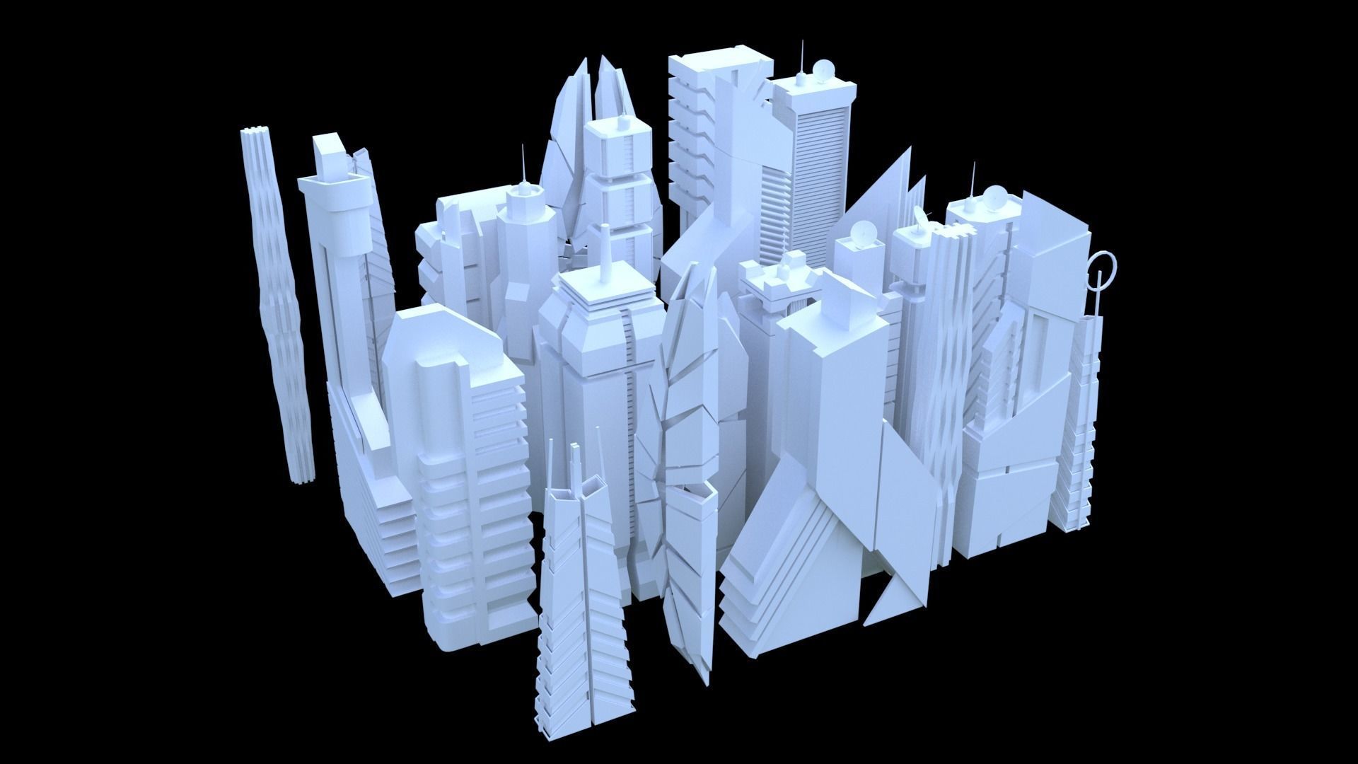 Sci-Fi SkyScraper Set Low Poly 3D model_12