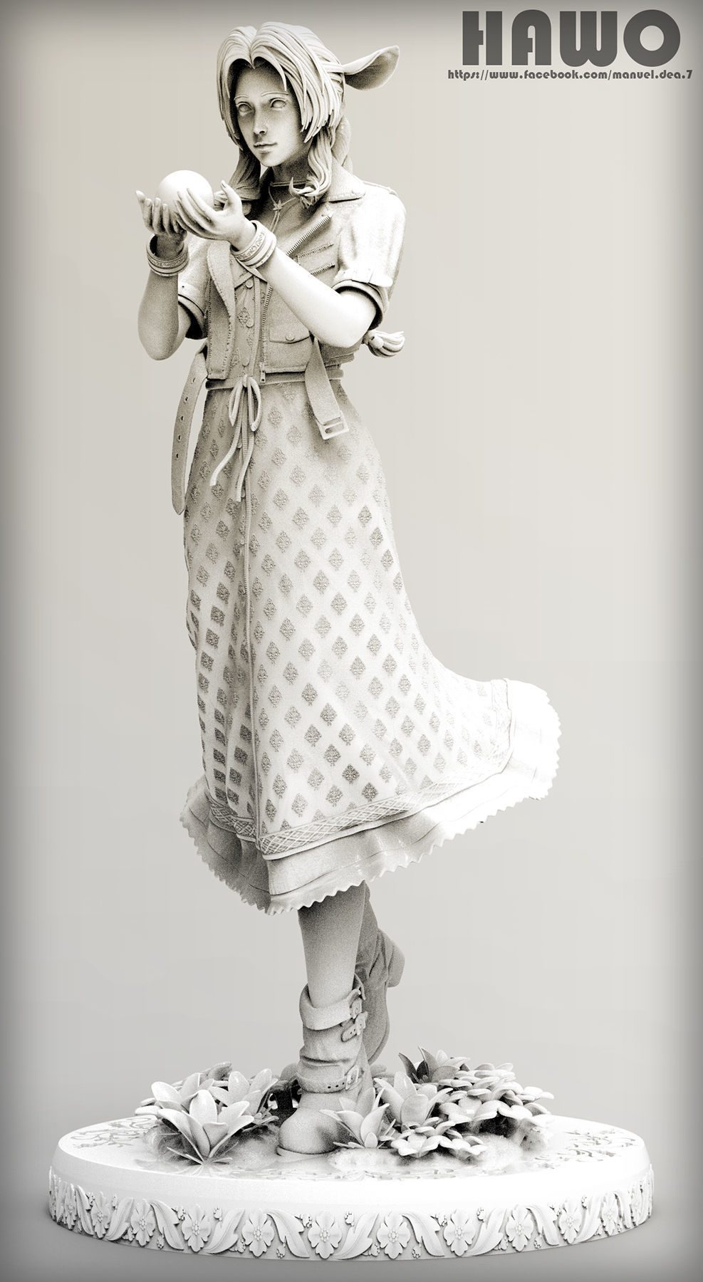 Aerith statue of woman holding flower 3D print model_6