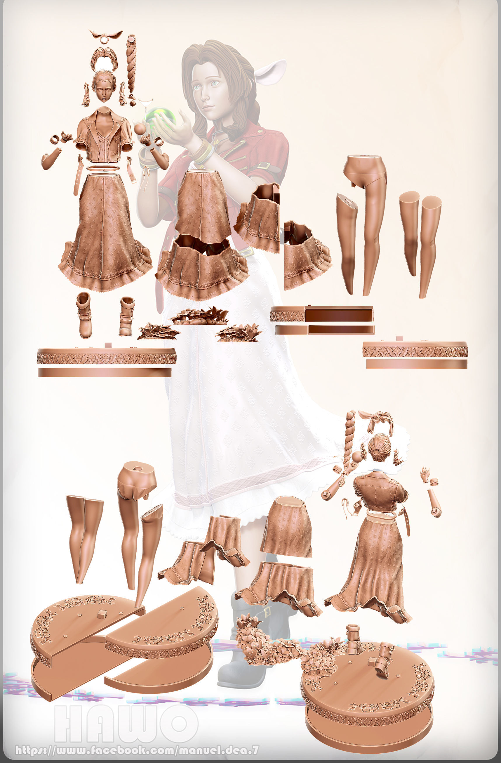 Aerith statue of woman holding flower 3D print model_5