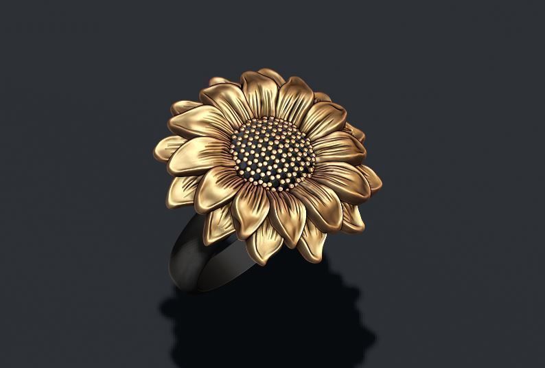 Sunflower ring with gems 3D print model_1