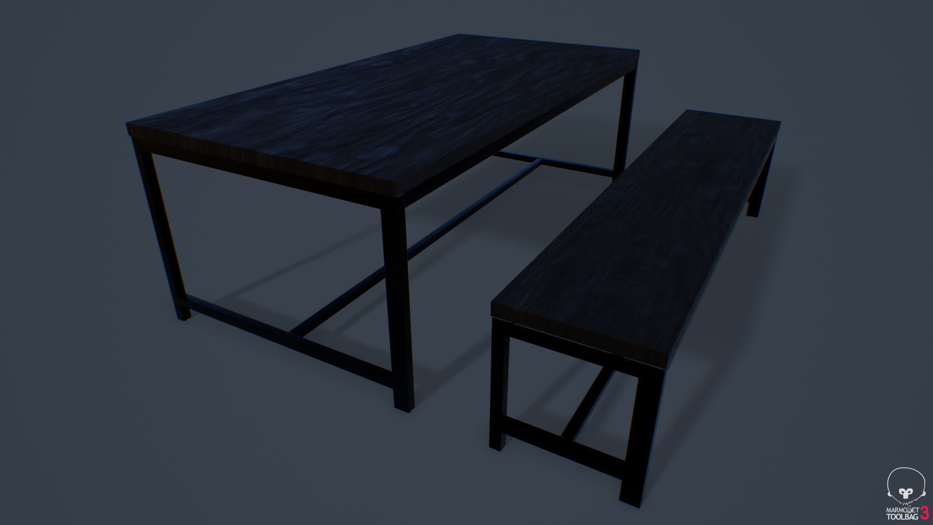 Large Table and Bench Low-poly 3D model_4