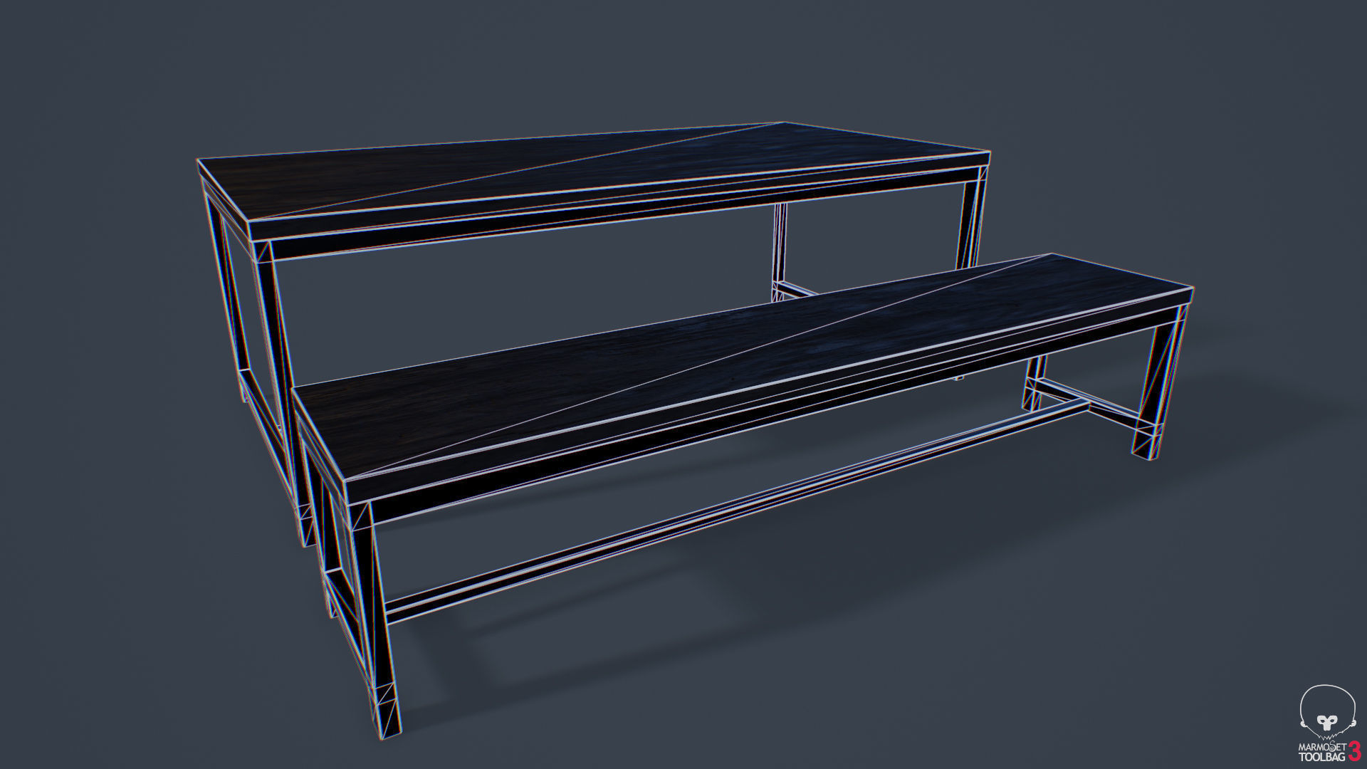 Large Table and Bench Low-poly 3D model_3