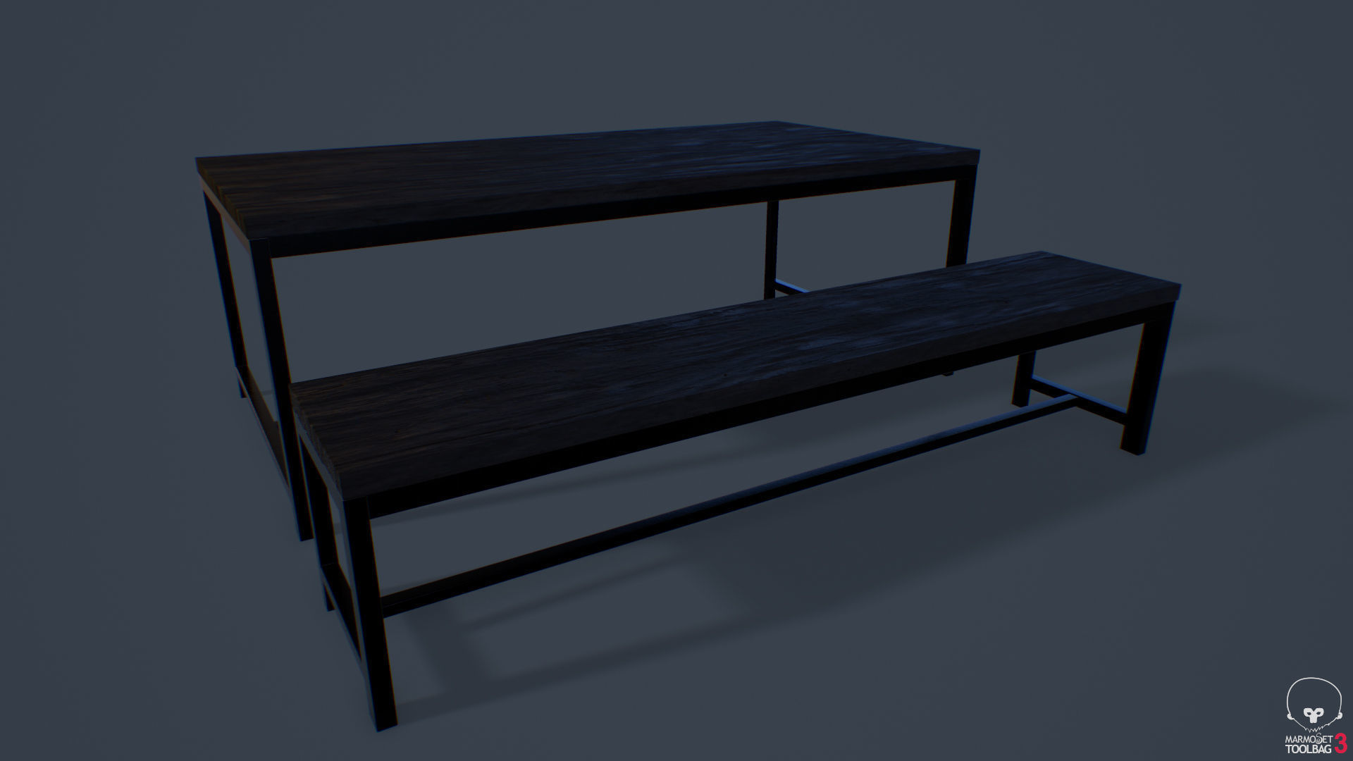 Large Table and Bench Low-poly 3D model_2