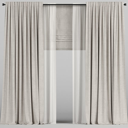 Beige curtains with tulle and roman blinds 3D model