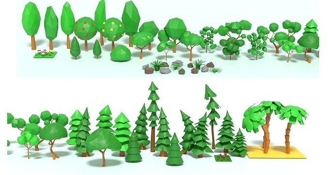 game ready trees in row Low-poly 3D model