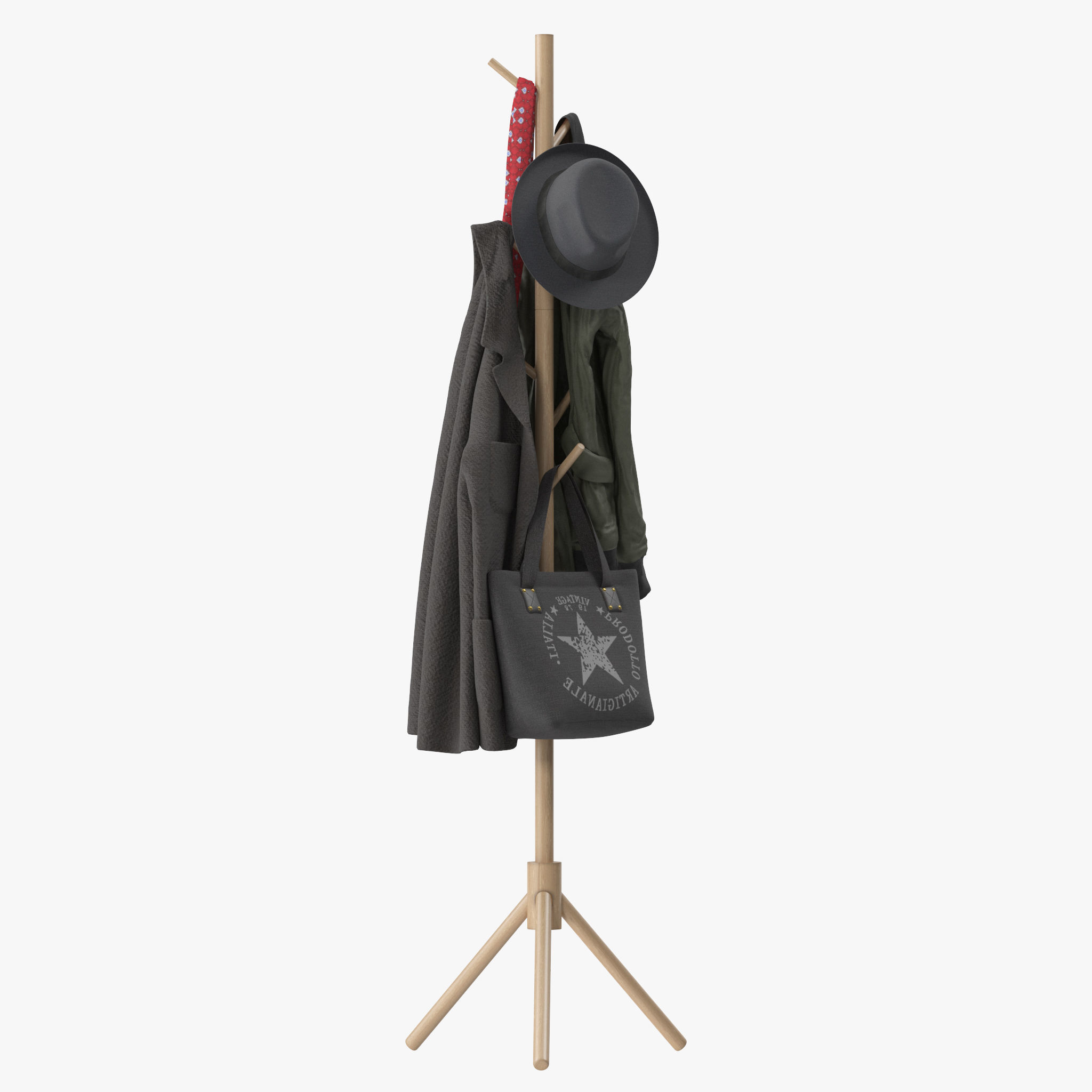 LENDRA Deluxe Wooden Coat Rack Tree 3D model_2
