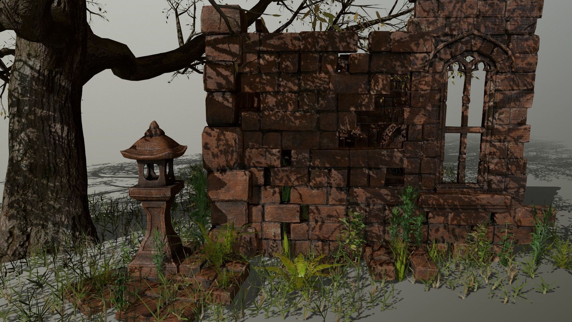 ruin set tree in middle of Low-poly 3D model_16