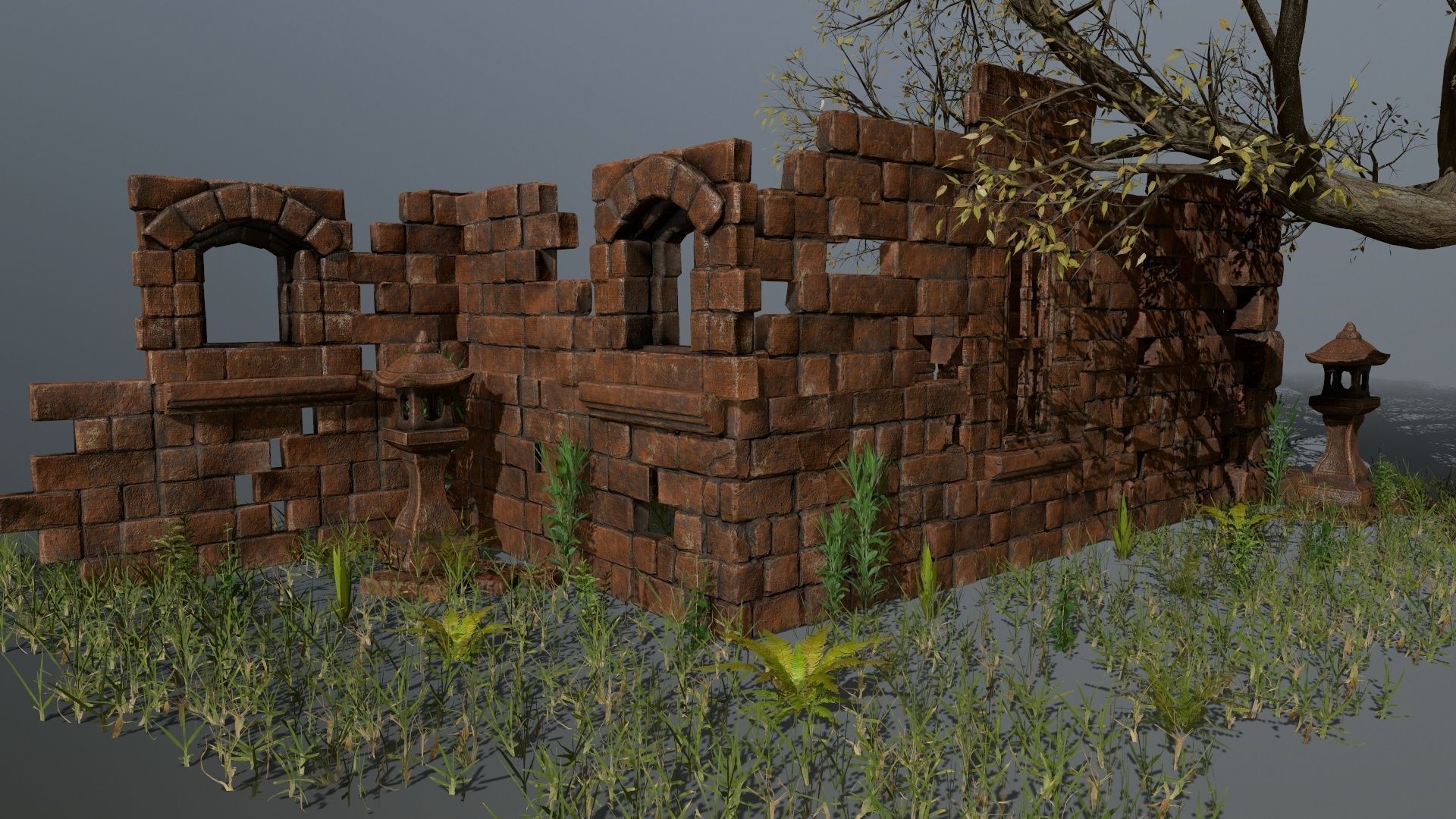 ruin set tree in middle of Low-poly 3D model_17