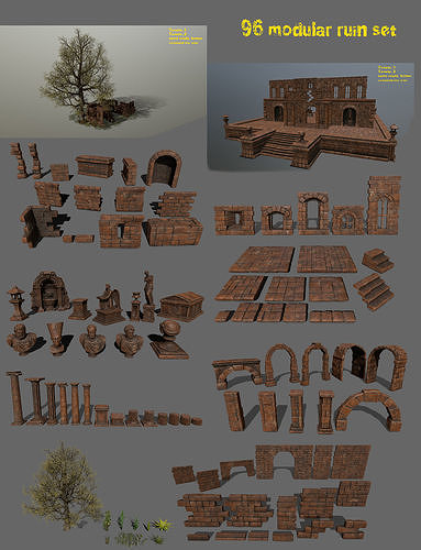 ruin set tree in middle of Low-poly 3D model
