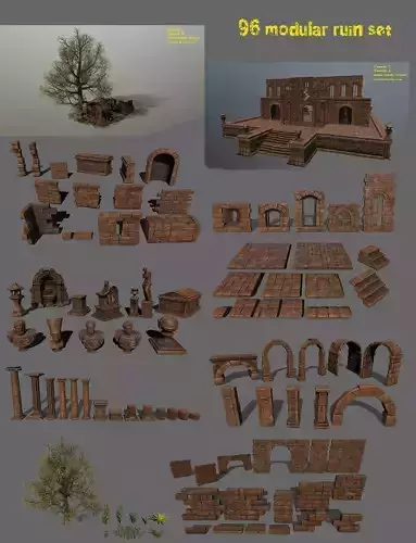 ruin set tree in middle of Low-poly 3D model