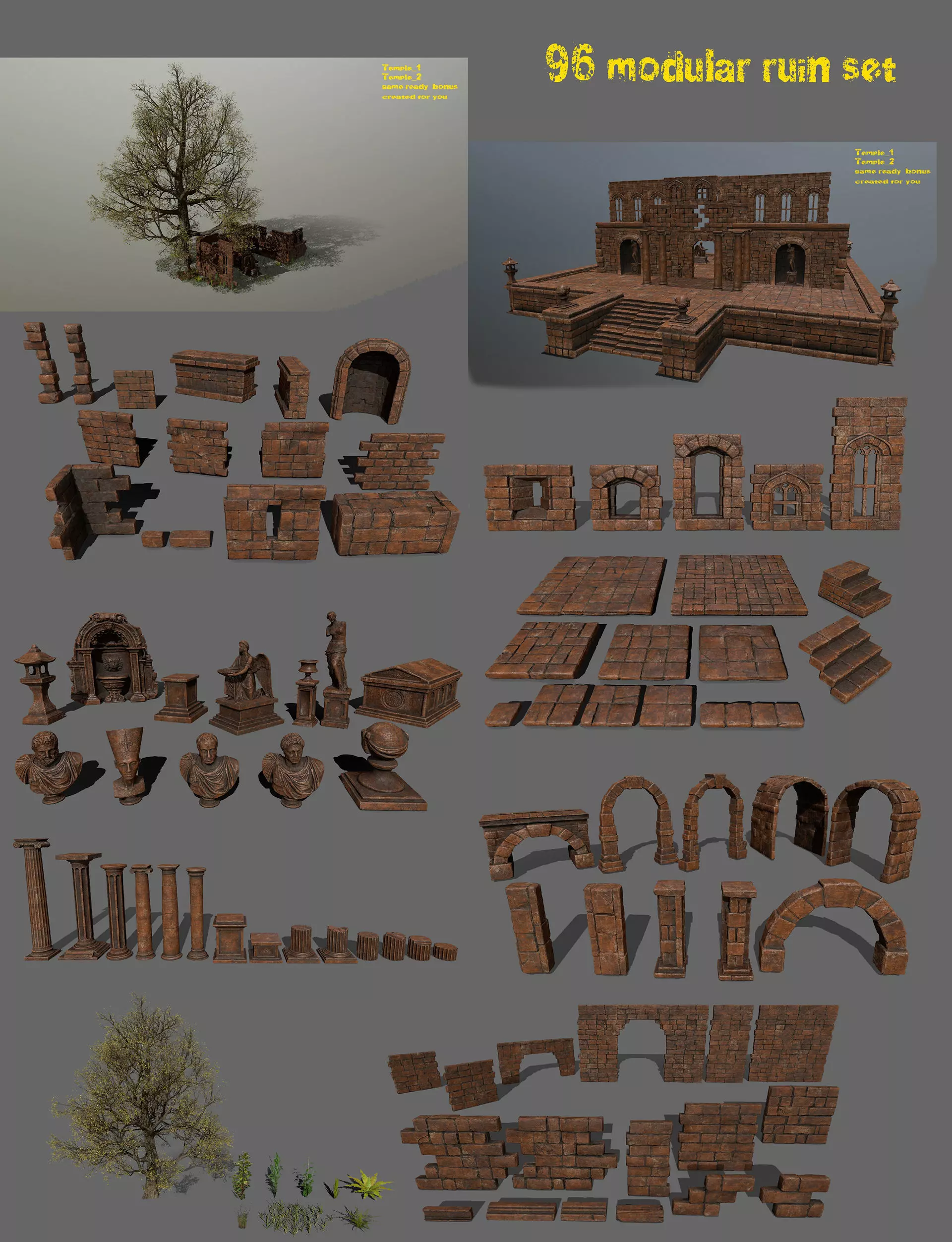 ruin set tree in middle of Low-poly 3D model_0
