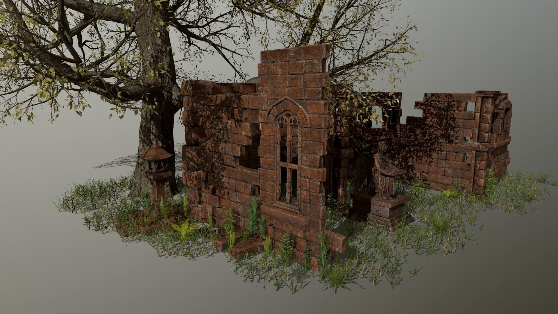 ruin set tree in middle of Low-poly 3D model_3