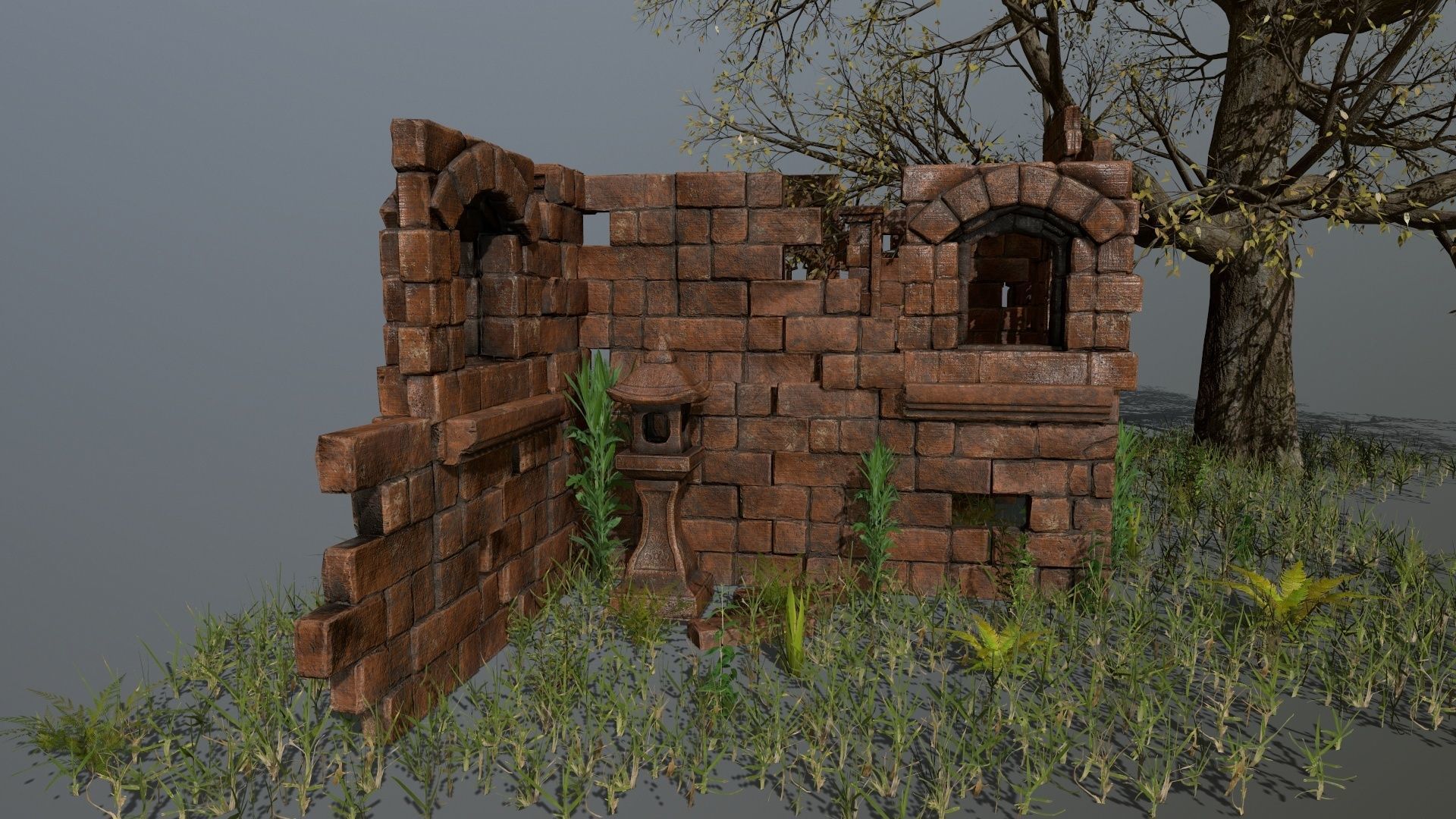 ruin set tree in middle of Low-poly 3D model_24