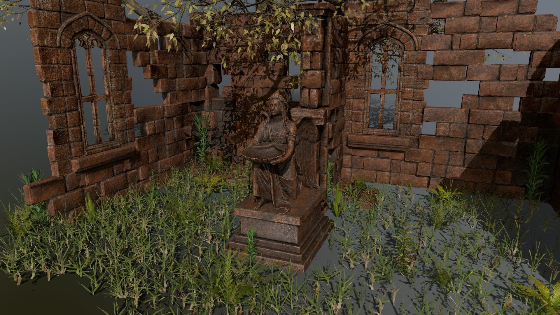 ruin set tree in middle of Low-poly 3D model_25