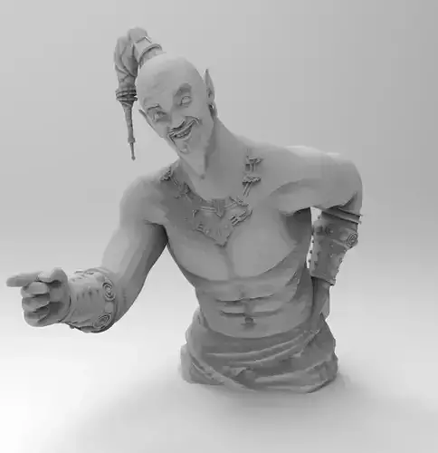 Genie statue of man pointing at something