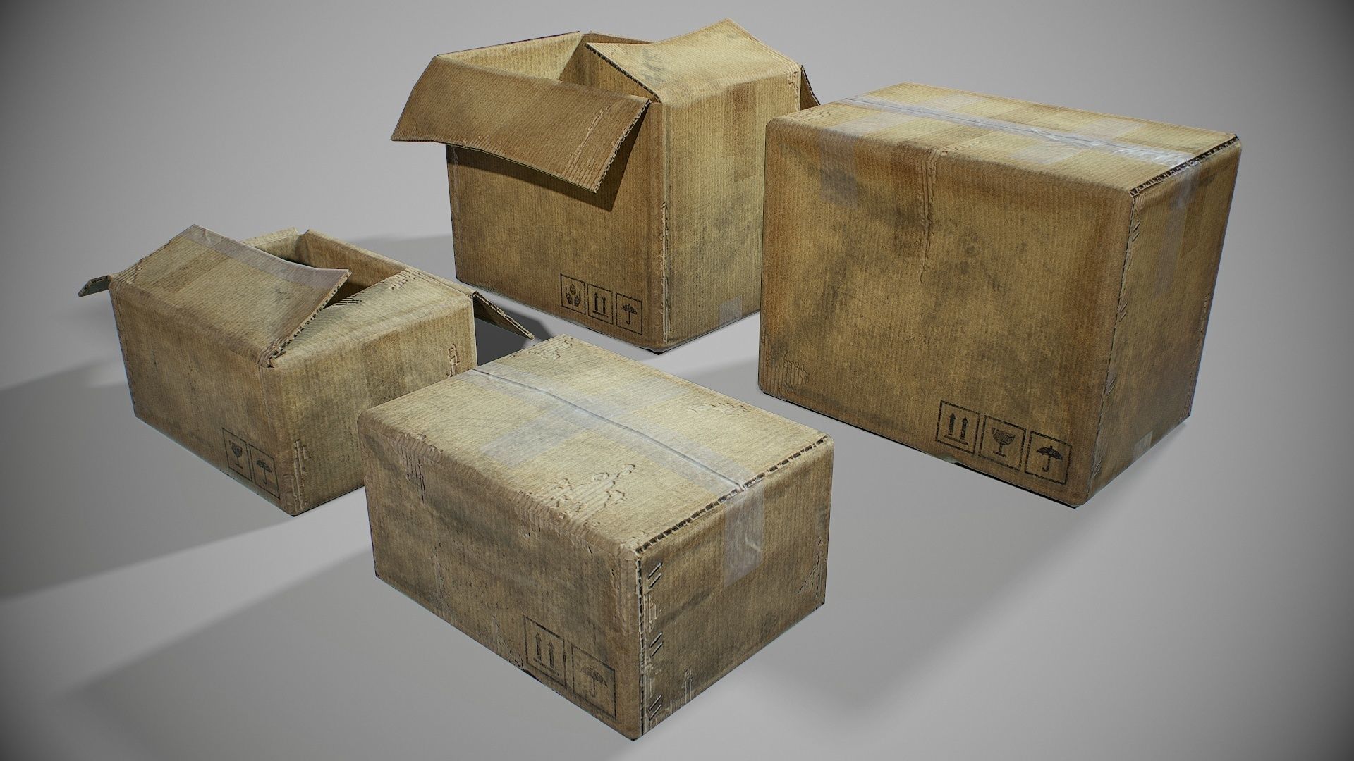 PBR Old Cardboard Boxes Set Low-poly 3D model_4