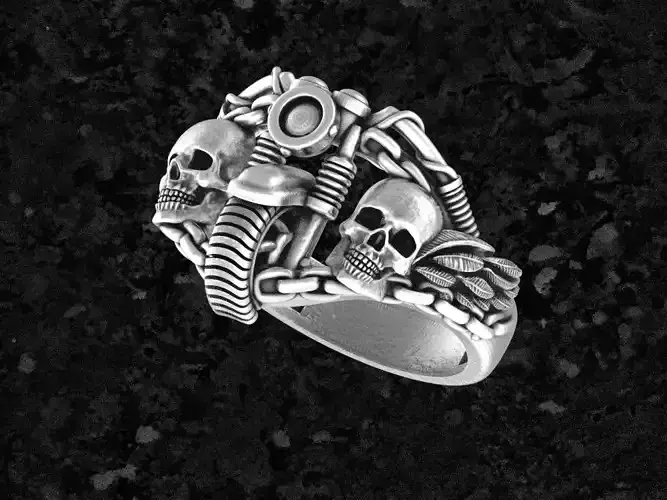 Motoring12 silver motorcycle ring with skulls and wings 3D print model