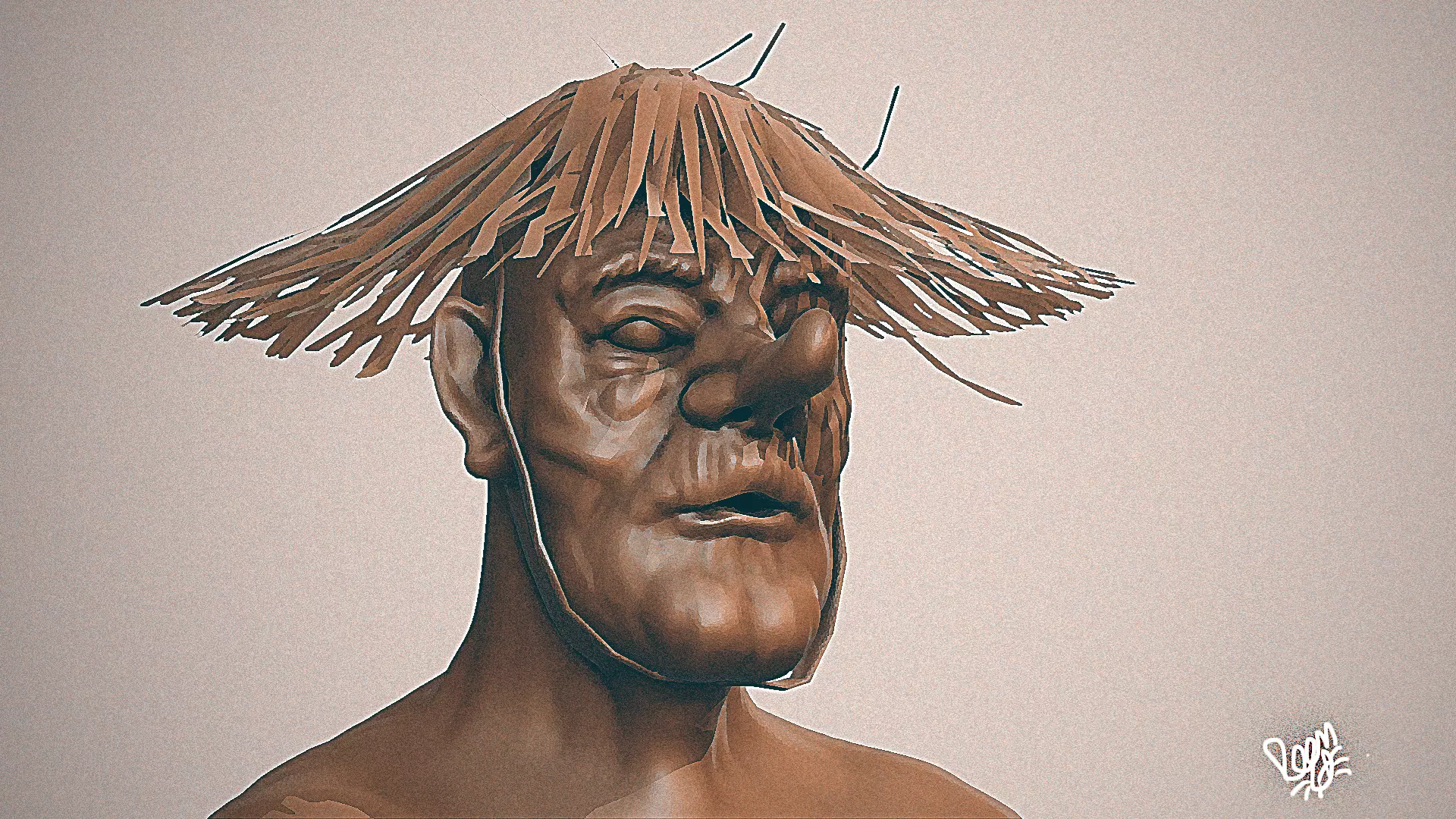high poly tengu man with straw hat 3D model_0
