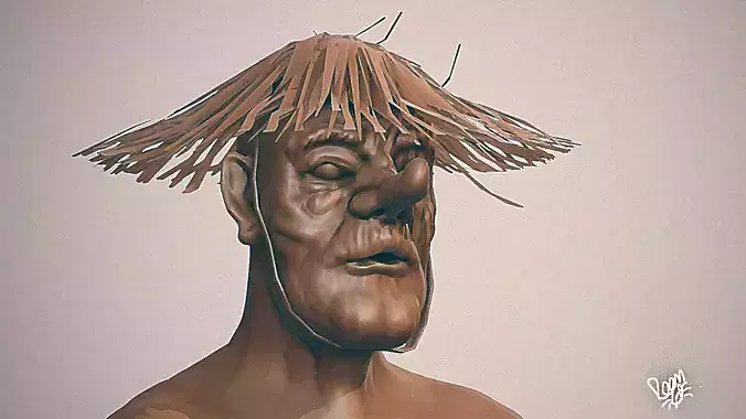 high poly tengu man with straw hat