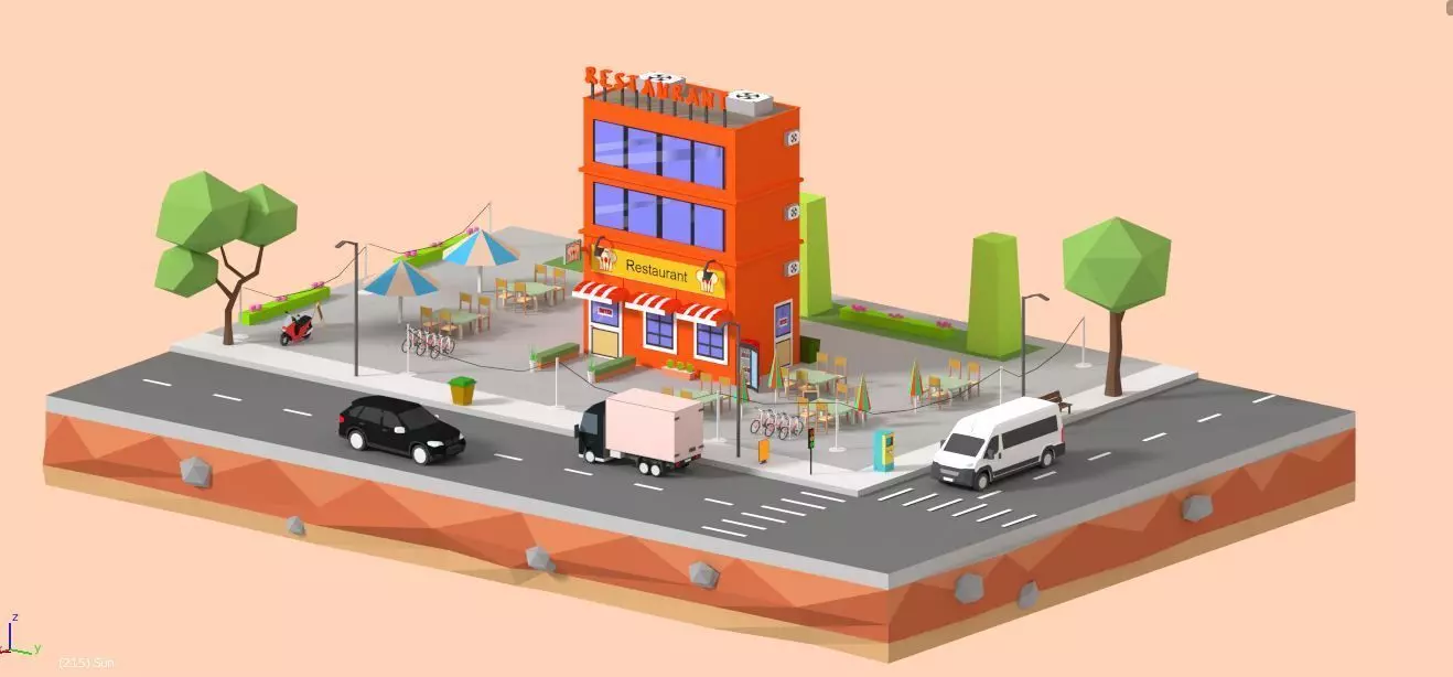 Low Loly Corner Rrestaurant Low-poly 3D model_0