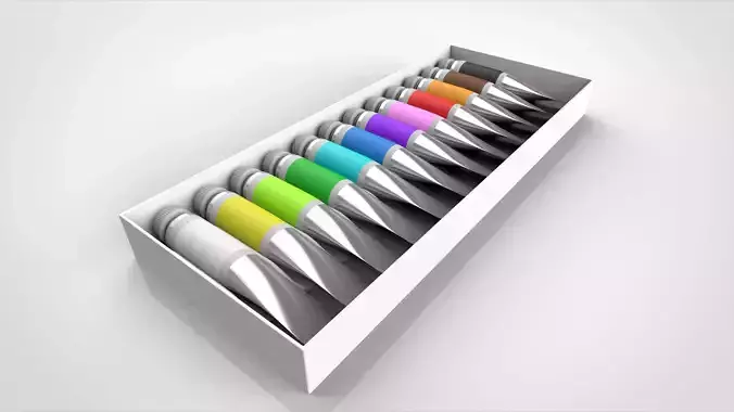 paints colorful pencils in box