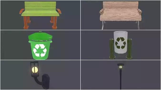 Low Poly 6 Street Furniture Assets Pack 3D Model Collection