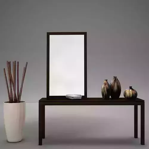 Dresser table with two vases and mirror
