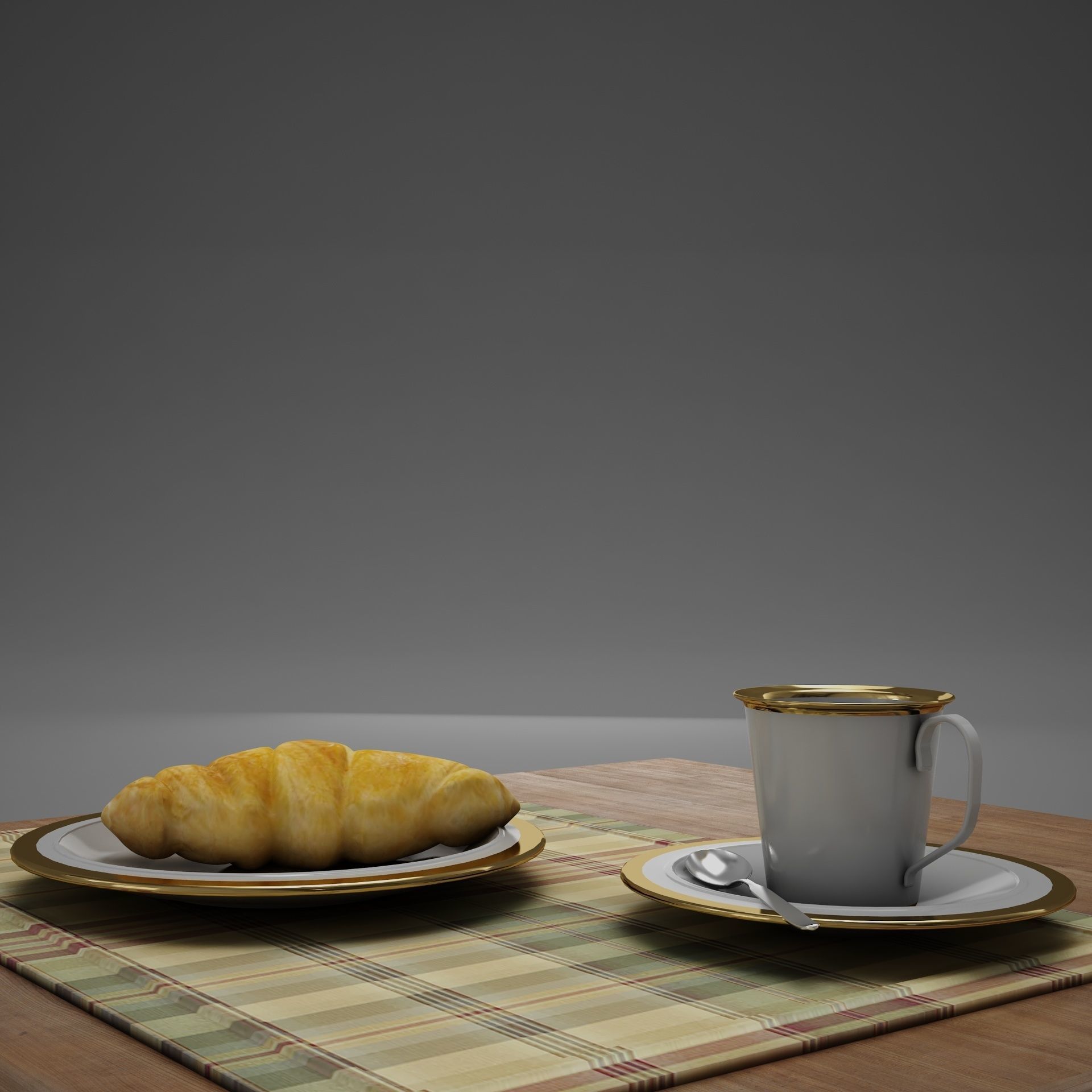 Croissant cup of coffee and croissants on table 3D model_3