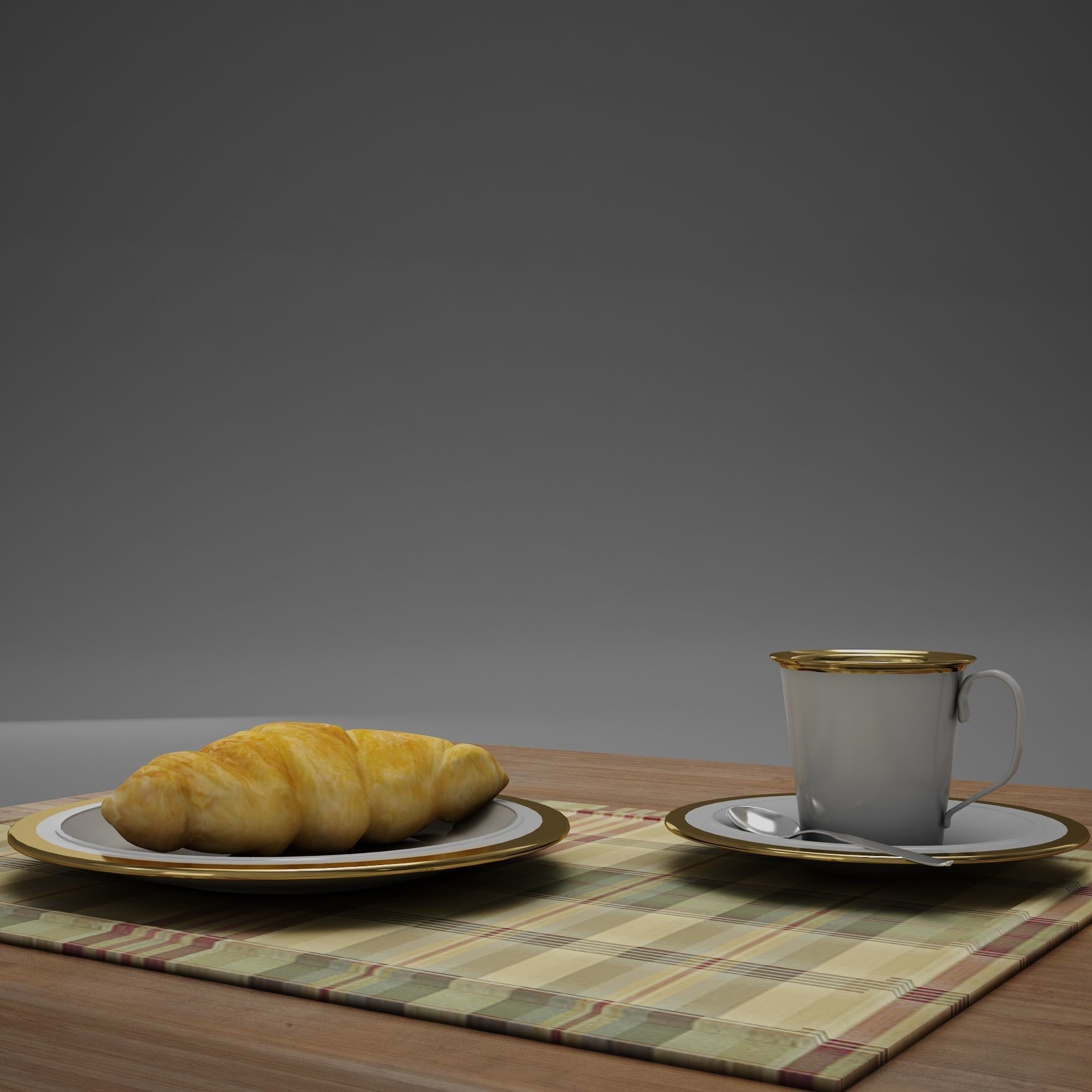 Croissant cup of coffee and croissants on table 3D model_1