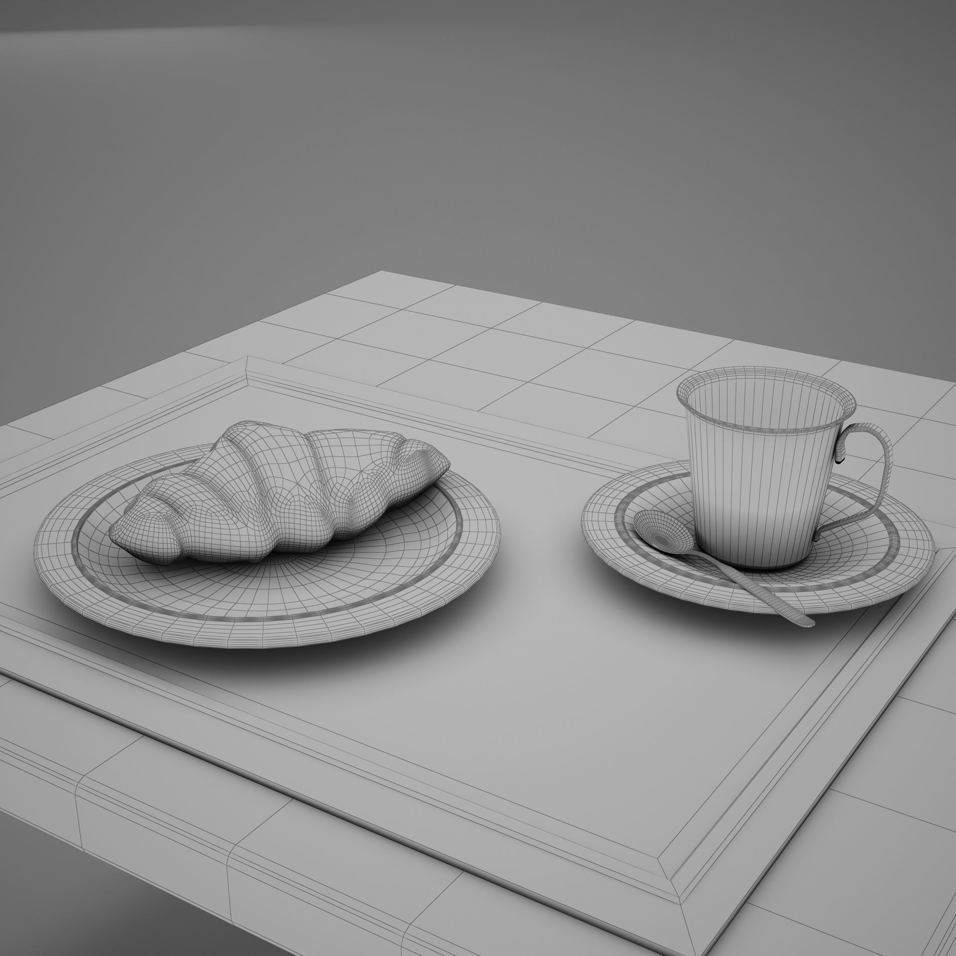 Croissant cup of coffee and croissants on table 3D model_13