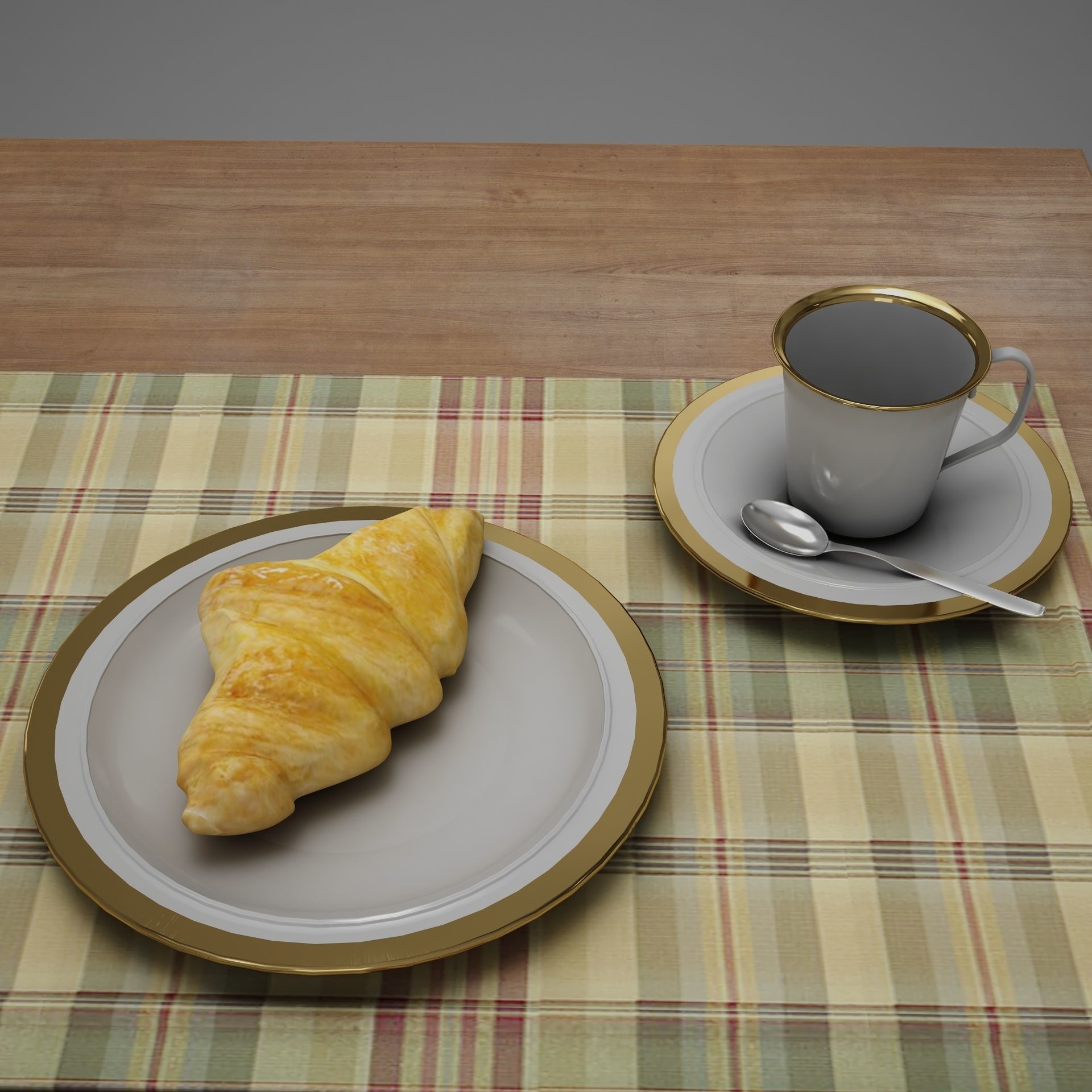 Croissant cup of coffee and croissants on table 3D model_10