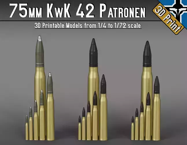 75mm KwK 42 - StuK 42 Patronen --- 1-4 to 1-72 scale models --- 3D print model