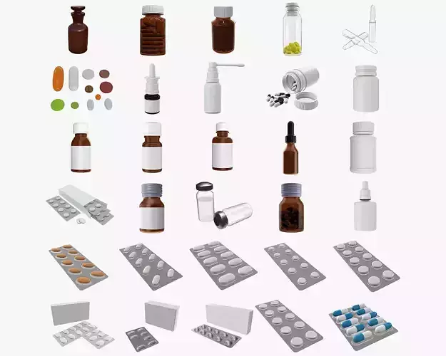 mock up glass plastic bottles pills blisters medicine 3D Model Collection