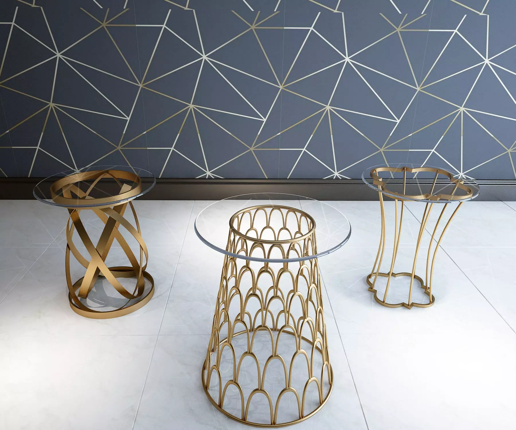 3D TABLE MODEL X 3 three side tables in gold with geometric p... 3D model_0