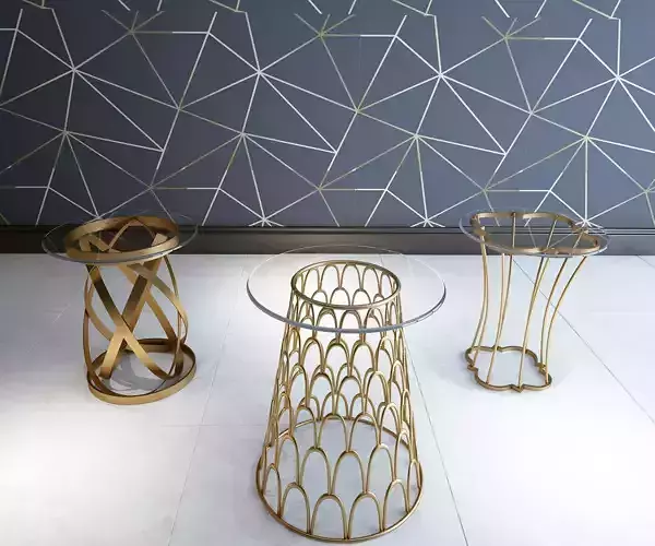 3D TABLE MODEL X 3 three side tables in gold with geometric patterns on wall