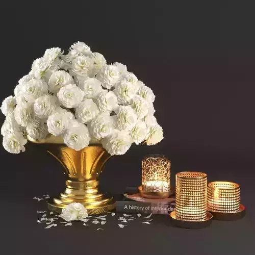 set1229 gold vase with flowers and candles