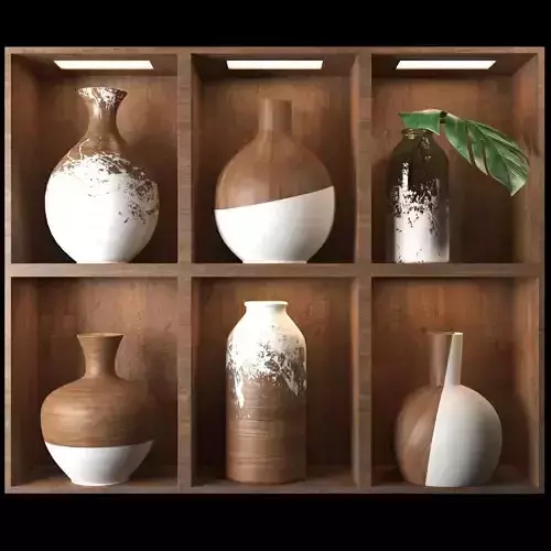 vase904 vases on wooden shelf