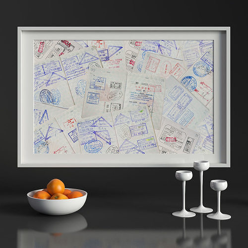 Decorative Set framed piece of paper with passport stamps 3D model
