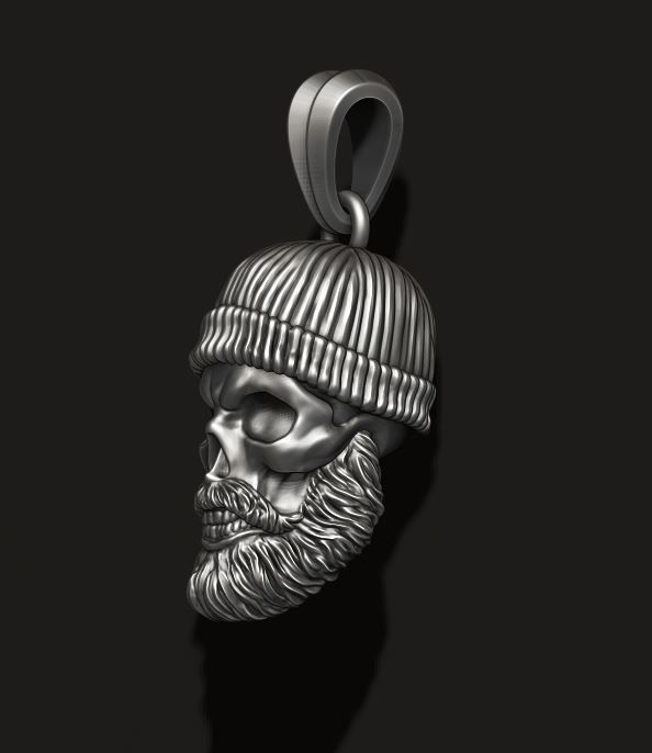 Bearded skull pendant with hat 3D print model_2